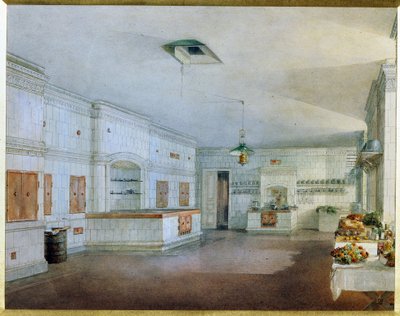 Køkkenet i Yusupov Palace (Moika Palace) i Sankt Petersborg. (Køkkenet i Yusupov-paladset i St. Petersborg). Værk af Vasily Semyonovich Sadovnikov (1800-1879), akvarel på papir. 1800-tallet russisk kunst. Det russiske statsmuseum, Saint Pe af Vasili Semenovich Sadovnikov
