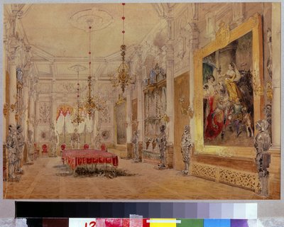 Spisestuen i Herregården Verki. Værk af Vasily Semyonovich Sadovnikov (18000-1879), akvarel på lærred af Vasili Semenovich Sadovnikov