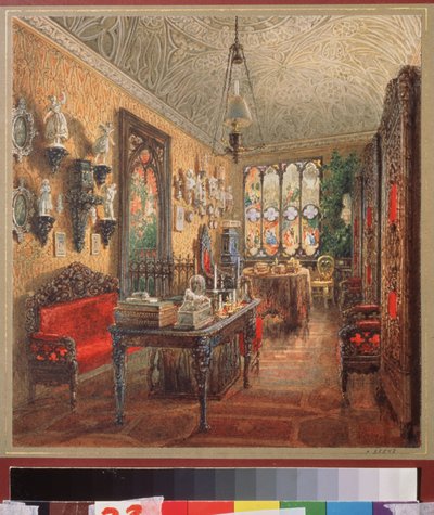 Kontoret i Yusupov Palace (Moika Palace) i Sankt Petersborg. Værk af Vasily Semyonovich Sadovnikov (1800-1879), akvarel på papir, russisk kunst af Vasili Semenovich Sadovnikov