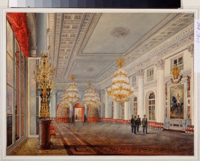Den store sal (eller Nicolas Hall) i Vinterpaladset i Sankt Petersborg. Værk af Vasily Semyonovich Sadovnikov (1800-1879), akvarel på papir af Vasili Semenovich Sadovnikov
