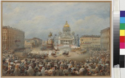 Åbningsceremoni for monumentet til Nicholas I på Mariinsky-pladsen - Vasily Semyonovich Sadovnikov (1800-1879). Akvarel og hvid farve på papir af Vasili Semenovich Sadovnikov