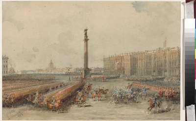 Parade af Life-Guards Horse Regiment på Palace Square - Vasily Semyonovich Sadovnikov (1800-1879). Akvarel og hvid farve på papir af Vasili Semenovich Sadovnikov