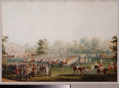 Militærparade på engen af ​​Elagins palads i Sankt Petersborg. (Kejsergardens parade). Værk af Vasily Semyonovich Sadovnikov (1800-1879), akvarel på papir af Vasili Semenovich Sadovnikov