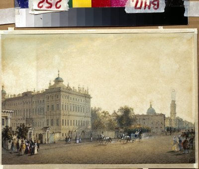 Sankt PETERSBOURG. Anichkov-paladset. (Sankt Petersborg. Anichkov-paladset). Værk af Vasily Semyonovich Sadovnikov (1800-1879), akvarel på papir, ca. 1830. Russisk kunst af Vasili Semenovich Sadovnikov