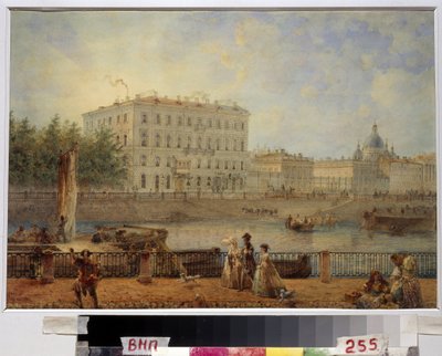 Sankt PETERSBOURG. Udsigt over Fontanka og Derzhavin-huset. (Sankt Petersborg. Udsigt over Fontanka-floden og Derzhavin-huset). Værk af Vasily Semyonovich Sadovnikov (1800-1879), akvarel på papir af Vasili Semenovich Sadovnikov