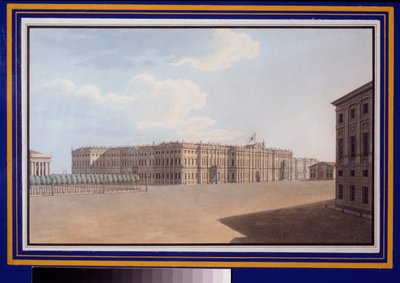 Udsigt over Winter Square fra Neva Avenue (Nevsky Prospect), Sankt Petersborg. Værk af Vasily Semyonovich Sadovnikov (1800-1879), akvarel på papir af Vasili Semenovich Sadovnikov