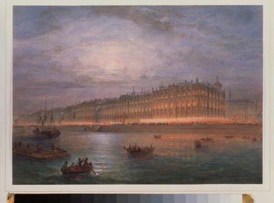 Udsigt over Vinterpaladset om natten (Sankt Petersborg). Værk af Vasily Semyonovich Sadovnikov (1800-1879), akvarel på papir. 1800-tallet russisk kunst. State Hermitage, Sankt Petersborg. af Vasili Semenovich Sadovnikov