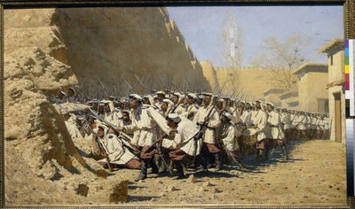 Til fæstningsværkerne, lad dem komme ind! (indsamling af tropperne før slaget) (Ved fæstningsmurene; lad dem komme ind!) - Maleri af Vasili Vasilyevich Vereshchagin (Vereshchagin) (1842-1904), olie på lærred (95x160,5 cm) af Vasili Vasilievich Vereshchagin