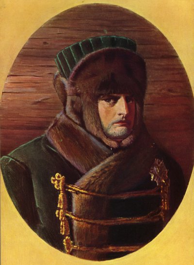 Napoleon Bonaparte klædt i tungt vintertøj på et militært felttog (farvelitografi) af Vasili Vasilievich Vereshchagin