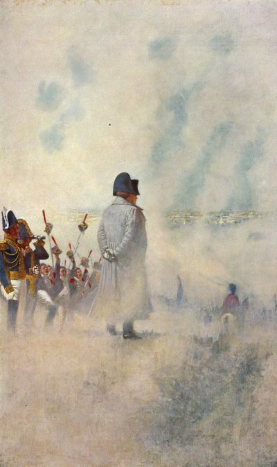 Napoloeon Bonaparte står blandt sine soldater foran Moskva (farvelitografi) af Vasili Vasilievich Vereshchagin