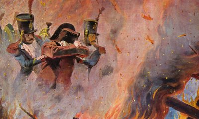 Soldater fører Napoleon Bonaparte gennem ilden i Moskva (farvelitografi) af Vasili Vasilievich Vereshchagin