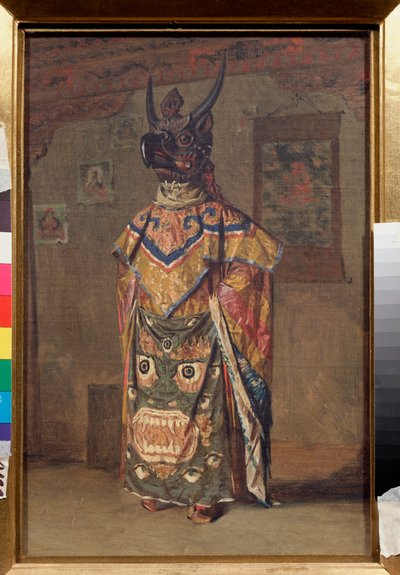 En Lama ved en buddhistisk fest i Rumtek-klosteret i Sikkim (Indien) (Lama ved en buddhistisk fest i Rumtek-klosteret i Sikkim) - Maleri af Vasili Vasilyevich Vereshchagin (Vassili Vereshchagin) (1842-1904), olie på lærred af Vasili Vasilievich Vereshchagin