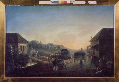 Diligence station. Maleri af Vasili Vasilyevich Samoylov (1813-1887), olie på lærred af Vasili Vasilyevich Samoylov