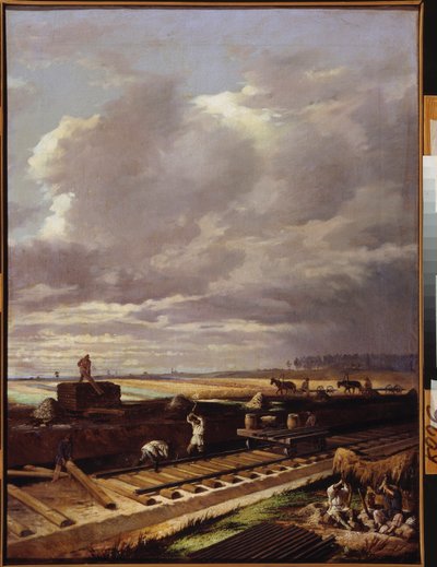 Byggearbejde på en jernbanelinje - Maleri af Vasili Vladimirovich Pukirev (Vassili Poukirev) (1832-1890), olie på lærred af Vasili Vladimirovits Pukirev
