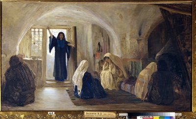 Triggering Tears of Joy (En strålende ung kvinde træder ind i et hus, hvor alle sidder og mopper og græder) (Indvarslet en tårevækkende glæde) - Maleri af Vasili Dmitrievich Polenov (1844-1927), olie på lærred (80x141 cm),1899-1905 - Stat af Vasilij Dmitrievich Polenov