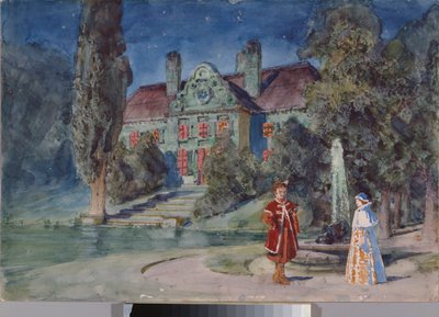 Forberedende indretning, en have foran et hus, til operaen ""Boris Godounov"" af Modeste Moussorgsky (1839-1881) - Scenografi til operaen Boris Godunov af Modeste Musorgsky - Værk af Vasili Dmitrievich Polenov (1844-1927) , akvarel og gouache på af Vasilij Dmitrievich Polenov