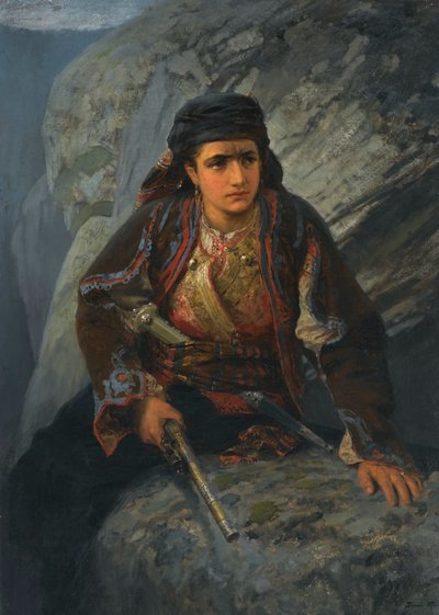 ""Le guet"" (Udsigten) Ung kvinde holder vagt med en pistol i hånden - Maleri af Vassili Polenov (1844-1927) af Vasilij Dmitrievich Polenov
