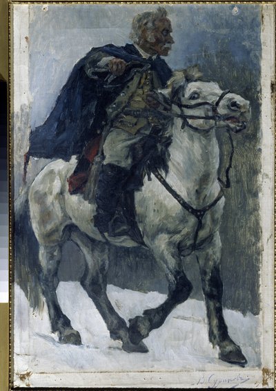 Alexander Suvorov (1729-1800) til hest. (Alexander Suvorov til hest). Den russiske helt beskrives, da han krydser Alperne, i spidsen for russiske tropper, under det italienske felttog (1799-1800). Maleri af Vasilli Ivanovich Surikov (Vasily Surik af Vasilij Ivanovic Surikov