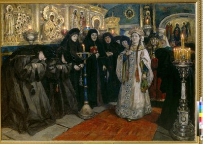 Storhertuginden på besøg i et kloster. (Tsarevna besøgte et nonnekloster). Maleri af Vasilli Ivanovich Sourikov (Vasily Surikov eller Vasily Surikow) (1848-1916), olie på lærred af Vasilij Ivanovic Surikov