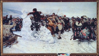 Storm of Snow Fortress (Populær jubelscene under den ortodokse fastelavn, maslenitsa) - Maleri af Vasilli Ivanovich Surikov (Vasily Surikov eller Vassili Surikow) (1848-1916), olie på lærred af Vasilij Ivanovic Surikov