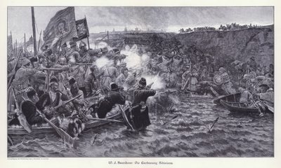 Erobringen af Sibirien af Yermak Timofeyevich (gravering) af Vasilij Ivanovic Surikov