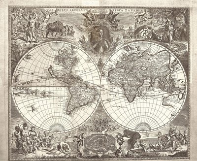 Dobbelt halvkugle kort over verden, 1713 af Vasily Anufrievich Kiprianov