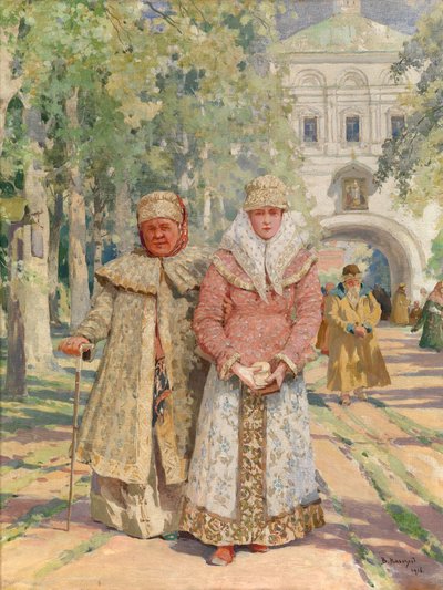 Udenfor klosterporten - Maleri af Vasily Ivanovich Navozov (1862-1919), olie på lærred (49x41,5 cm) af Vasily Ivanovich Navozov