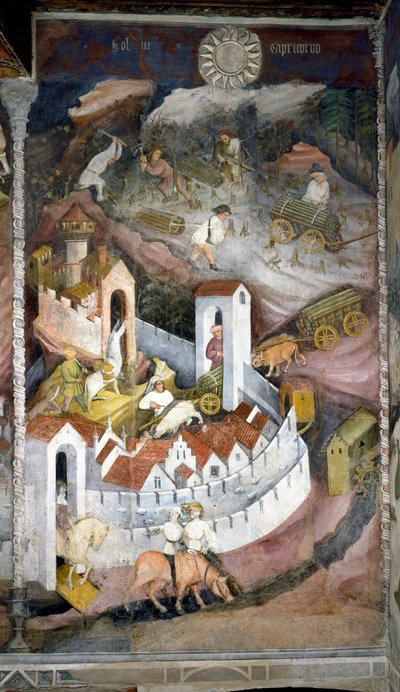 December: skovhuggerne samler træet og bringer det tilbage til byen Trento, hvor muren og slottet Buonconsiglio er repræsenteret. Maleri af Månedens Mester eller Mester Wenceslas (Maestro dei Mesi eller Maestro Wenceslao på italiensk, begyndende af Venceslao Maestro