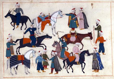 Et hestemarked i Tyrkiet under Det Osmanniske Rige. Miniature fra "" Turkish Memorials"" (codex Cicogna 1971 "Memorie Turchesche") Akvarel fra det 17. århundredes venetianske skole. af Venetian School