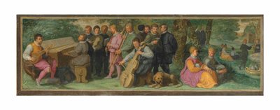 En pastoral koncert med elegante figurer, der spiller en cittern, en clavichord, en violin, en cornet, en trombone og en violoncello (olie på panel) af Venetian School