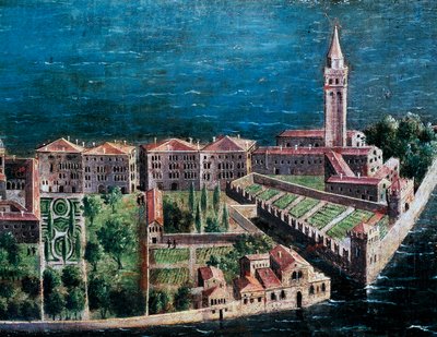 Have ved siden af Church of Redeemer, detaljer fra fugleperspektiv af Venedig, maleri af den venetianske skole, Italien af Venetian School