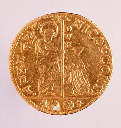 Guldmønt (zecchino eller pailletter) fra Venedig: doge Nicolo Contarinis regeringstid (1630-1631). Diameter 3,4 cm Rom, national term museum af Venetian School
