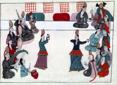 Musikere og dansere under Det Osmanniske Rige. Miniature fra "" Turkish Memorials"" (codex Cicogna 1971 "Memorie Turchesche") Akvarel fra det 17. århundredes venetianske skole. af Venetian School