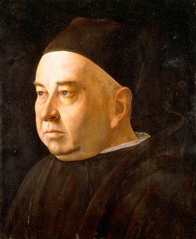 Portræt af en gejstlig, lang buste iført sort frakke og kasket, ca. 1490 af Venetian School