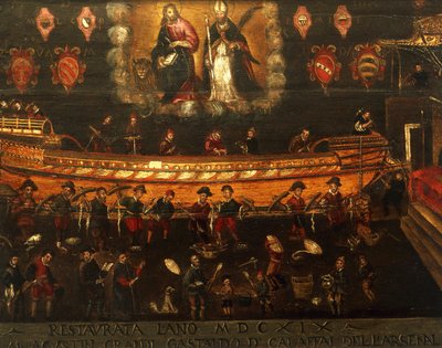 Skilt af Guild of Ship Building i Arsenale i Venedig, Italien af Venetian School