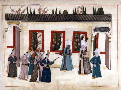 Sultanen besøger favoritten sammen med moderen og høvdingen for eunukkerne. Miniature fra "" Turkish Memorials"" (codex Cicogna 1971 "Memorie Turchesche") Akvarel fra det 17. århundredes venetianske skole. af Venetian School