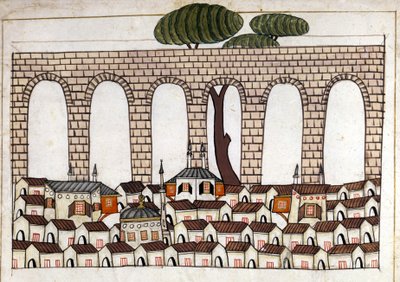 Udsigt over Konstantinopel og dens akvædukt. Miniature fra "" Turkish Memorials"" (codex Cicogna 1971 "Memorie Turchesche") Akvarel fra det 17. århundredes venetianske skole. af Venetian School