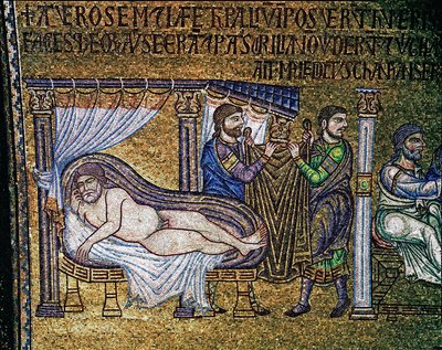 Byzantinsk arkitektur: "The Drunkenness of Noe""" mosaik lavet af venetianske kunstnere Basilica di San Marco fra det 13. århundrede af Veneto Byzantine School