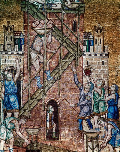Byzantinsk arkitektur: "" konstruktionen af Babelstårnet""" På stedet lægger arbejdernes maconer, monteret på stilladser, tårnets sten. Mosaik lavet af venetianske kunstnere Basilica di San Marco fra det 13. århundrede (St. Markus basilika), Venedig af Veneto Byzantine School
