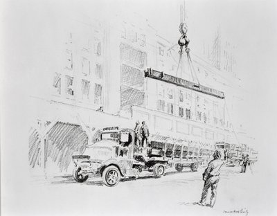 Stålbjælke bliver hejst op fra lastbilen for at blive brugt i konstruktionen af Empire State Building, udgivet af William Edwin Rudge af Vernon Howe Bailey