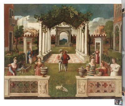 Klassinen arkkitehtoninen puutarha eleganteilla hahmoilla, vuoristoinen maisema takana, n. 1530 (öljy kankaalle) af Veronese School