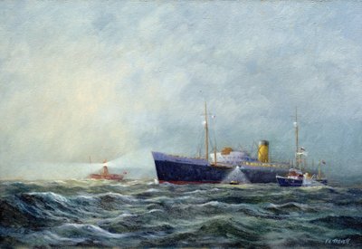 En pathfinder (tosædet motorbåd), der forlader et passagerfly foran fyrbåden (lighthouse boat) ud for Harwich (England). Olie på lærred af Vic Trevett () af Vic Trevett