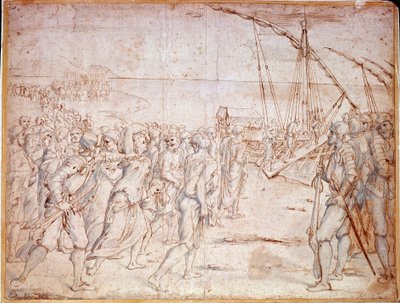 Deportation af moriskerne fra Spanien (muslimer i Spanien tvangskonverteret til katolicisme) efter Filip III af Spaniens underskrivelse af en traktat den 22/09/1609. Tegning af Vincencio Carducho (1576-1638) af Vicente Carducho
