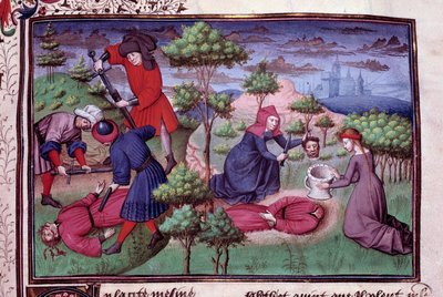 Mordscene på to mænd, hvis mordere skar hovedet af. Side af et manuskript på fransk af "Decameron"" af Giovanni Boccaccio dit Jean Boccace (1313-1375), italiensk forfatter, oplyst af Mesteren af Mansel. 1450. Paris, Arsenals bibliotek af Vicente de Paredes