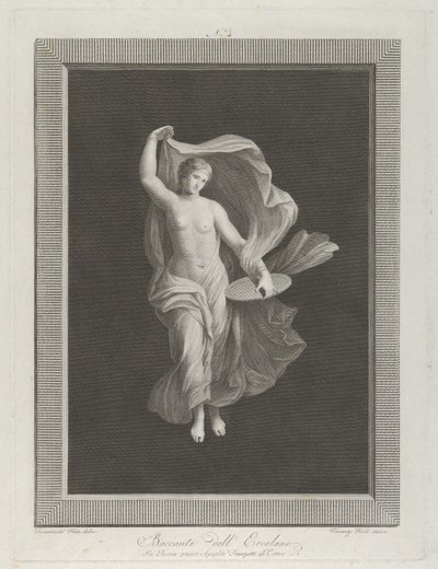 En delvis nøgen bacchante, der holder en disk i venstre hånd og løfter sit tøj ..., ca. 1795-1820 af Vicenzo Feoli