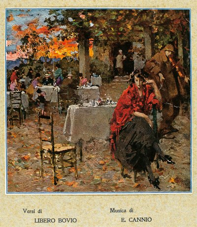 Udendørs restaurant, illustration til en samling af napolitanske sange. Italien, 20. århundrede. (illustration) af Vicenzo Irolli