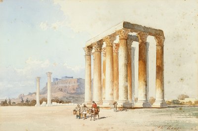 Zeus tempel med Akropolis, Parthenon, Athen (akvarel og kropsfarve) af Vicenzo Lanza