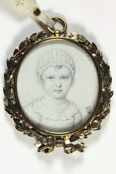Tegning af et lille barn traditionelt identificeret som Napoleon II (blyant på kort) af Victoire (attr.to) Jaquotot