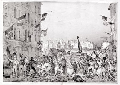 Barrikaden ved Rue Dauphine, 29. juli 1830, indgraveret af H. Delaporte af Victor Adam