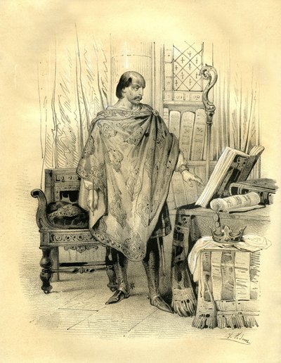 Karl 2. den Skaldede (823-877), konge af Aquitanien (838), konge af Vestfrankrig (840), konge af Lothringen og Bourgogne (869), kejser af Vesten (875). Gravering af Victor Adam (1801-1866) i bogen "France in the Middle Ages" udgivet af Ardant-broderiet. af Victor Adam